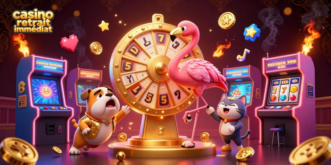 Découvrez l'excitation avec le casino retrait immédiat, un hôte de jeu et des personnages animés entourés d'éléments de jeu colorés.
