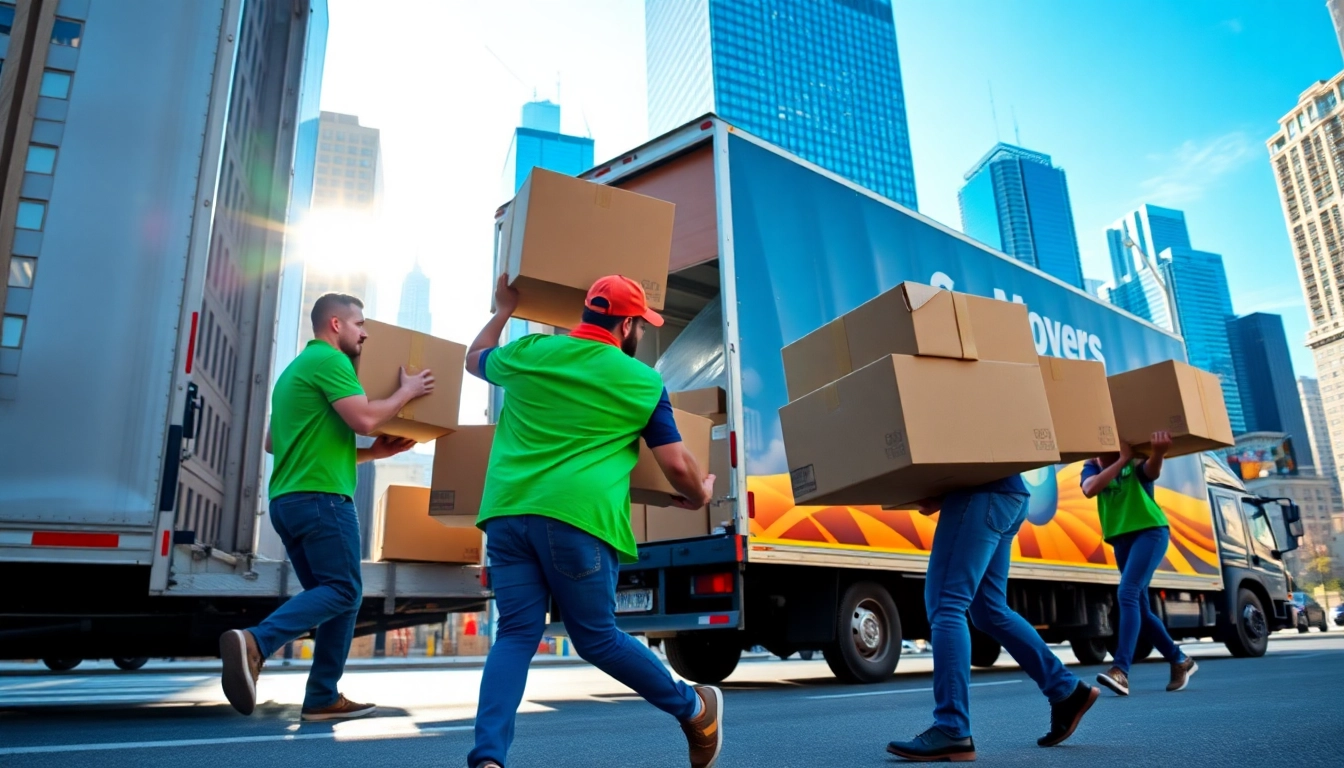 Skilled Chicago Movers loading boxes into a truck amidst the city's skyline.