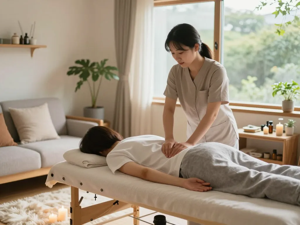 Relaxing 서울출장마사지 session in a serene living room with soft lighting and calming elements.