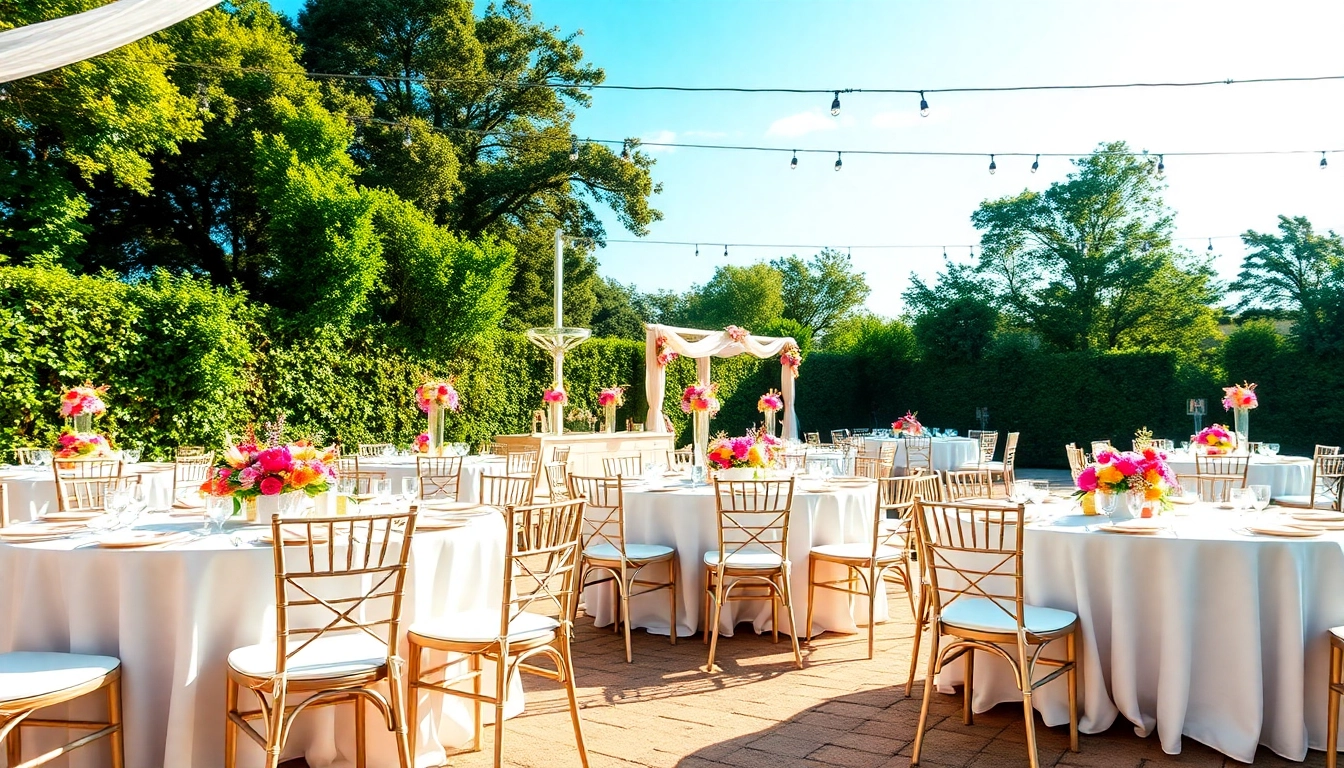 Event Rentals setup with elegant tables and vibrant decorations for outdoor weddings.