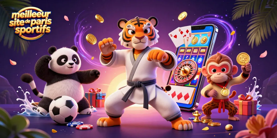 Illustration dynamique montrant le meilleur site de paris sportifs avec un tigre maître en arts martiaux et ses disciples.