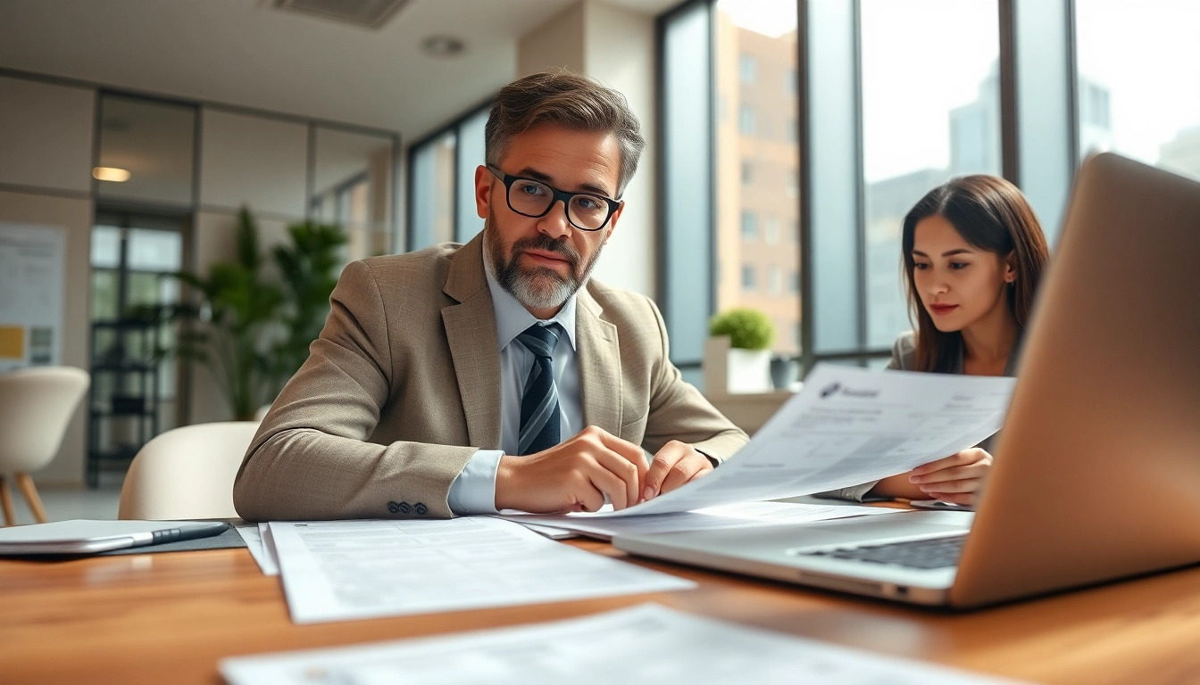 Tax Consultant in Kenya assisting clients in a bright office environment with detailed financial documents.