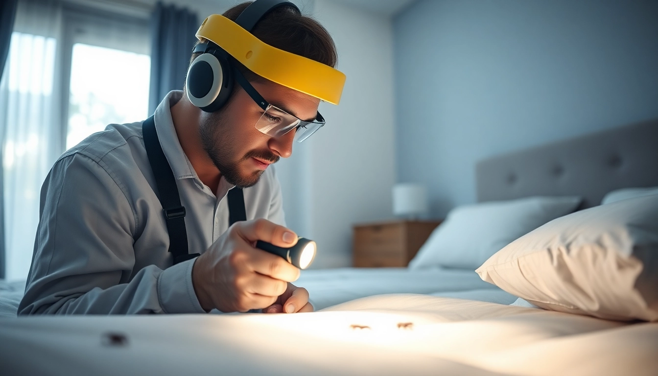 Engaging bed bug treatment analysis with a professional examining a bedroom for infestations