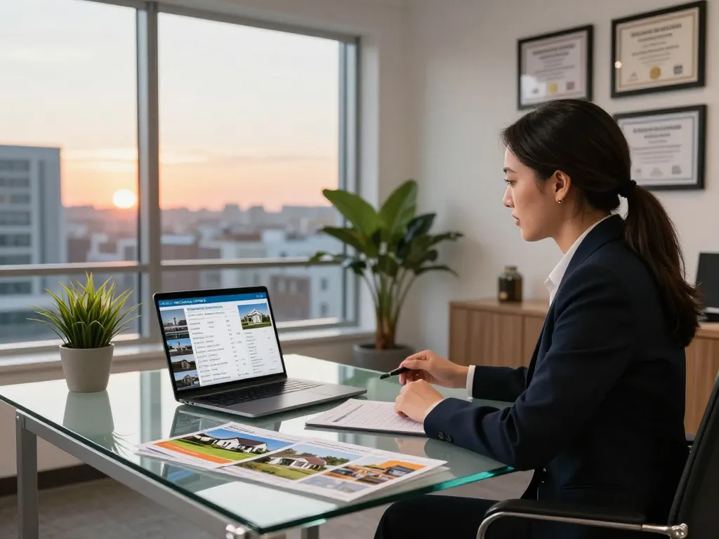 Agent discussing a quick house sale with clients in a modern office
