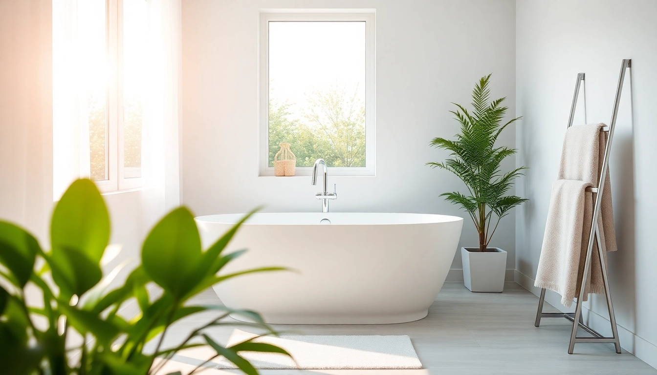 Vasca da bagno moderna in un'atmosfera accogliente e luminosa con piante verdi.