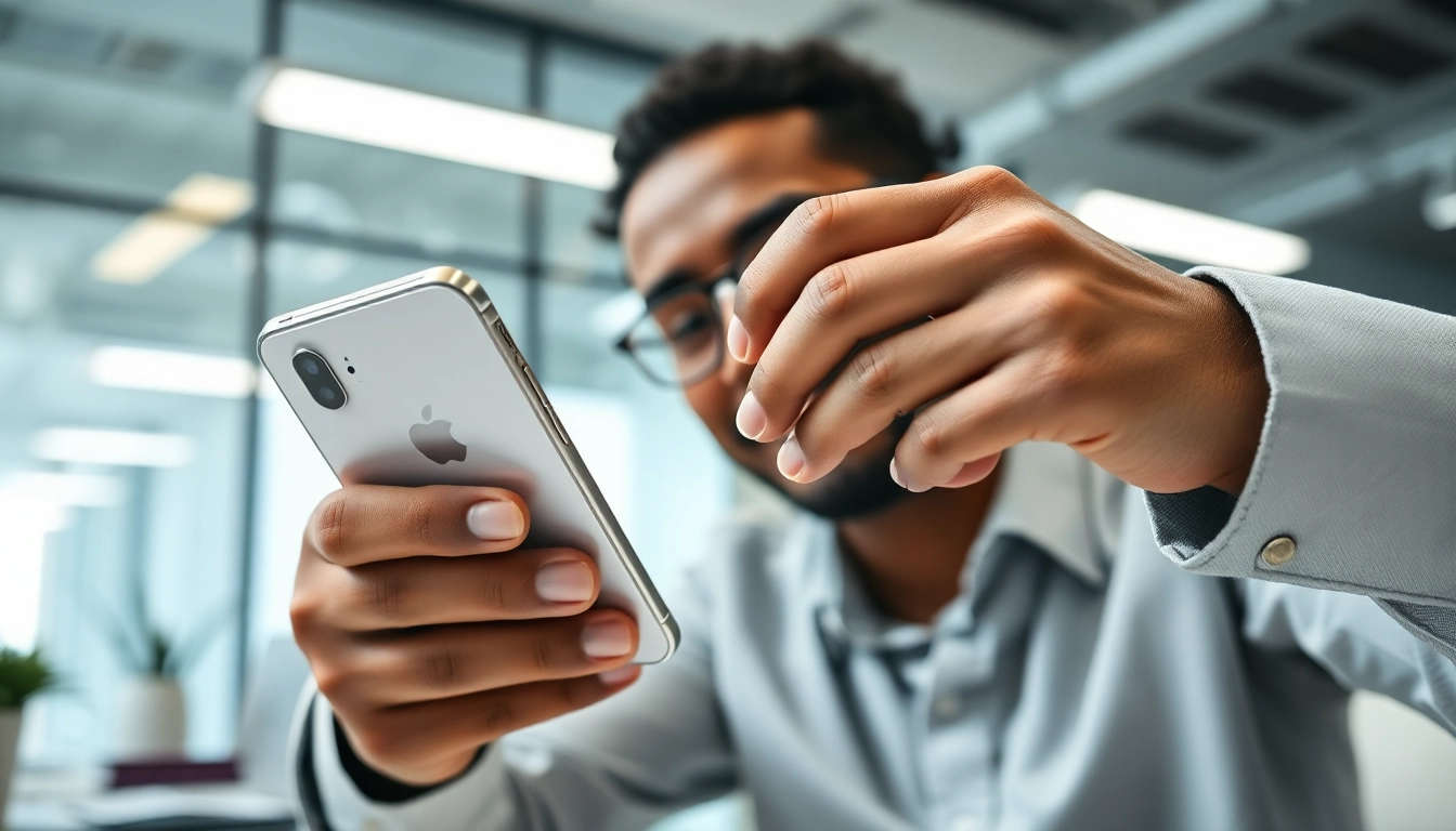 Sell iPhone for cash in a professional setting, showcasing cash exchange for an iPhone.