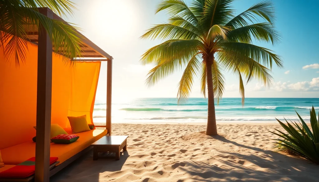 Relax in a coastal cabana, a vibrant beachside retreat with inviting decor and stunning views.