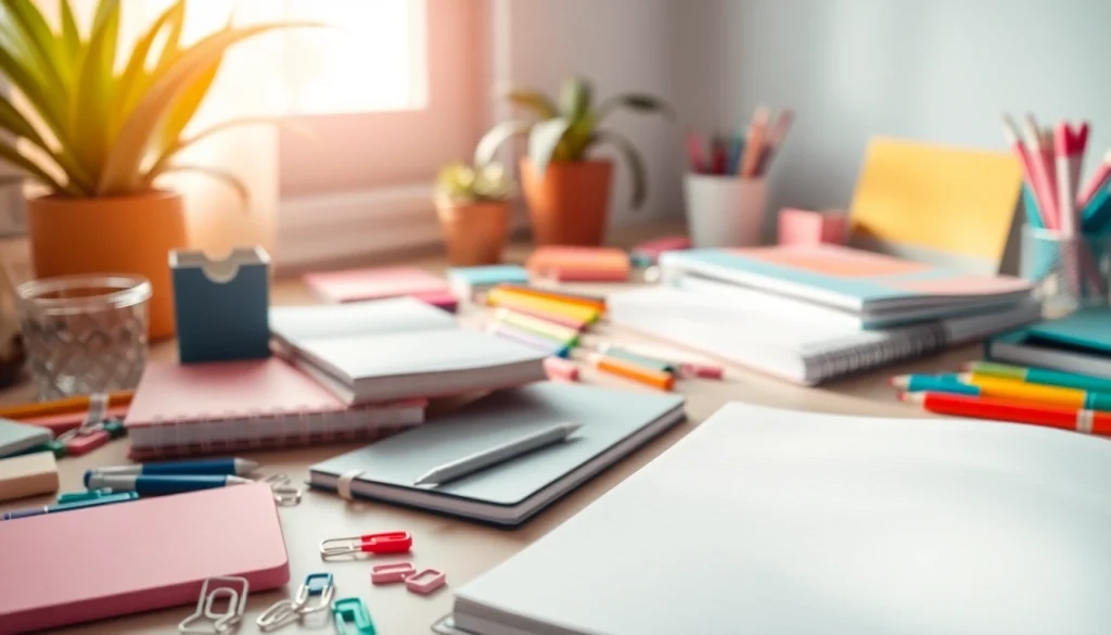 Browse diverse stationery online uk with a colorful desk display of notebooks and pens.