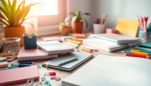 Browse diverse stationery online uk with a colorful desk display of notebooks and pens.