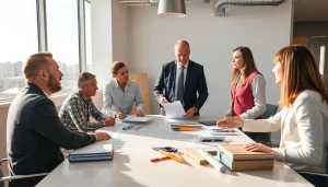 Engaged New Jersey General Contractor showcasing project plans with clients in a modern setting.