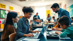 Engaging education scene showcasing interactive learning and collaboration among students.