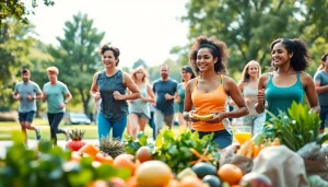 Promoting Health through community activities like yoga and jogging in a vibrant park.