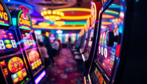 Permainan slot online dimainkan dengan mesin slot cerah dan ramai di kasino.