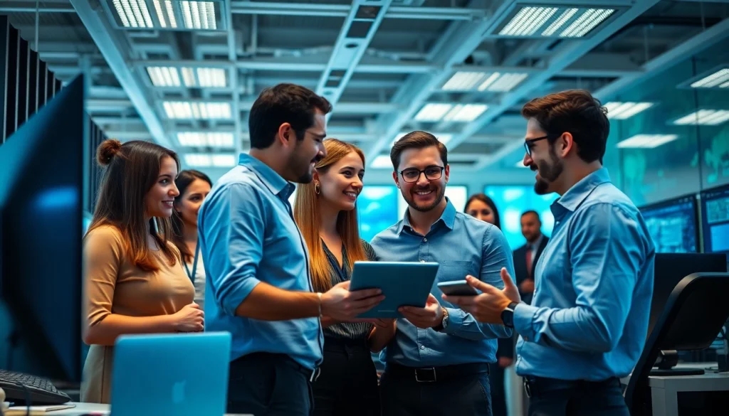 Engaging teamwork among Fredericksburg IT Companies professionals in a modern office setting.