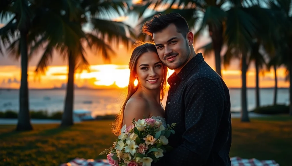 Tampa engagement photography showcasing a couple in a romantic sunset setting.