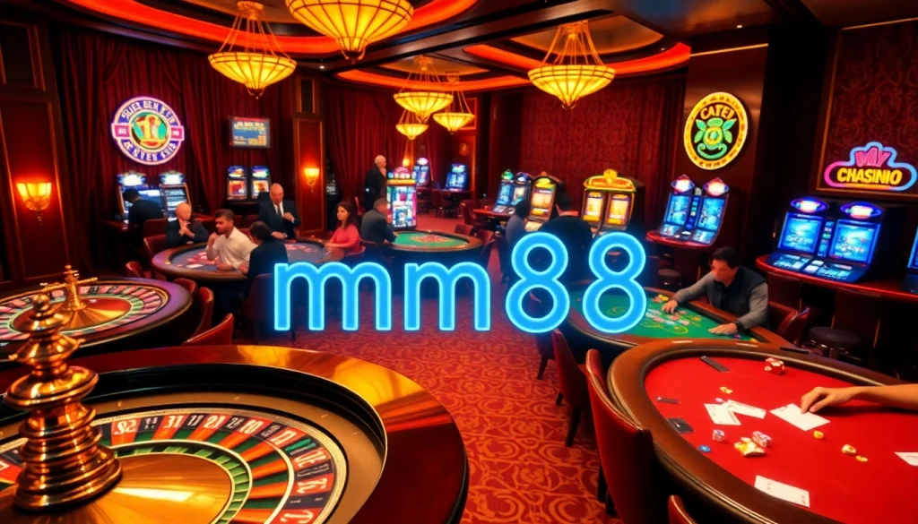 mm88 brings excitement to players at a lively casino with poker tables, roulette wheels, and vibrant slot machines.