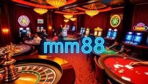 mm88 brings excitement to players at a lively casino with poker tables, roulette wheels, and vibrant slot machines.
