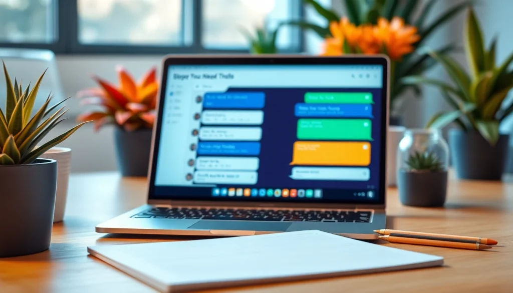Engage with a free ai chat tool on a sleek laptop in a modern workspace.