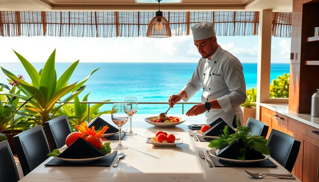 Private chef St Martin skillfully preparing an exquisite gourmet meal in a luxurious kitchen.