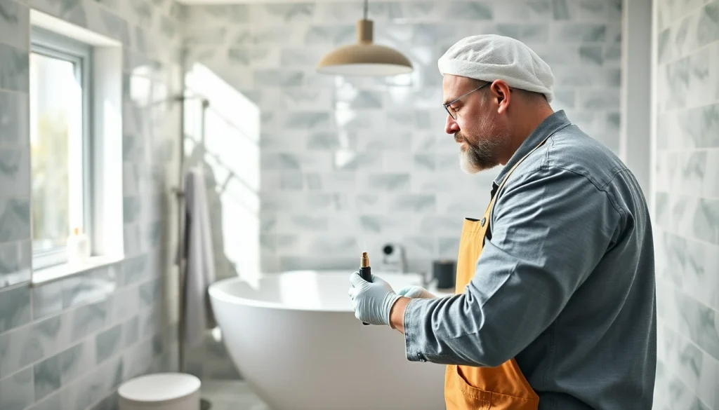 ремонт ванны акрилом: профессионал наносит акрил на ванну, фокус на процессе и деталях.