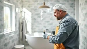 ремонт ванны акрилом: профессионал наносит акрил на ванну, фокус на процессе и деталях.