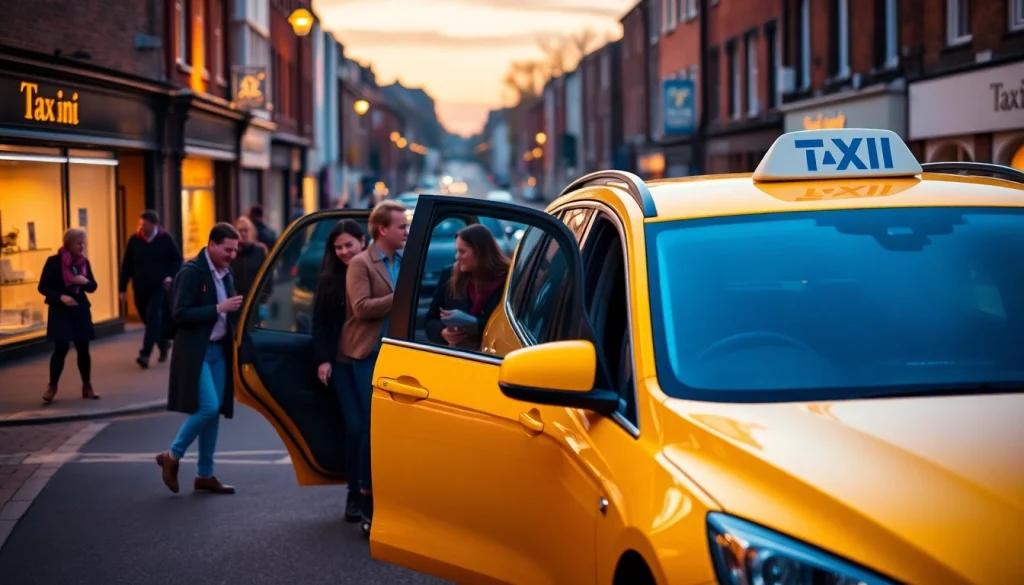 Conveniently booking a West bridgford Taxi as it waits for passengers amid a bustling evening scene.