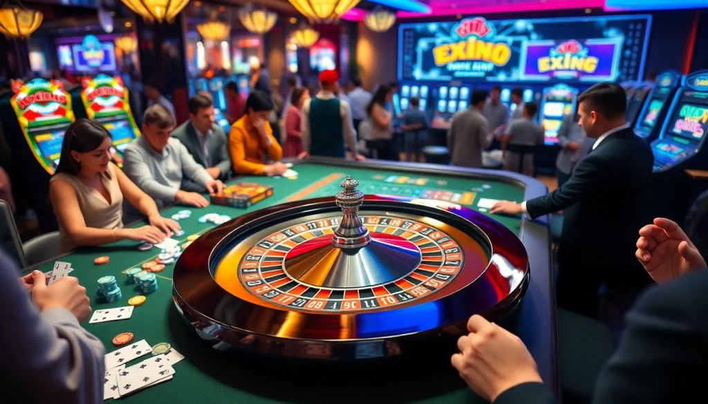 Excitement of players at the roulette table on https://xx88.bar/ amidst bright casino lights.