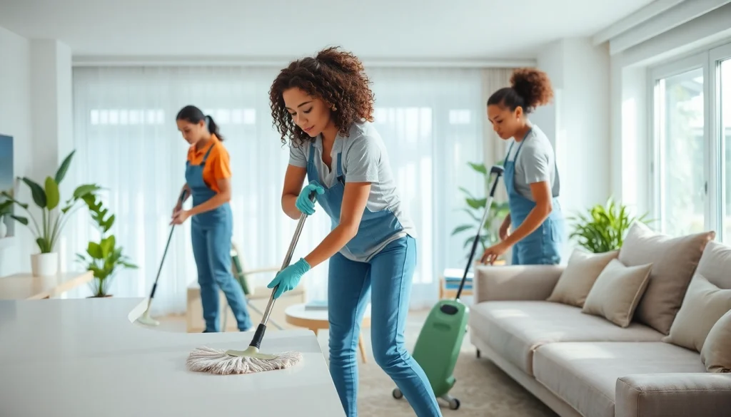 Cleaning Service professionals efficiently tidying a modern living room, ensuring a spotless home environment.