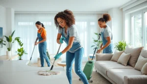 Cleaning Service professionals efficiently tidying a modern living room, ensuring a spotless home environment.