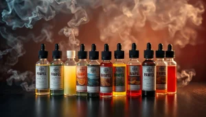 Flasche mit E-Liquid auf einem Holzuntergrund, leuchtende Farben und vielfältige Geschmäcker.