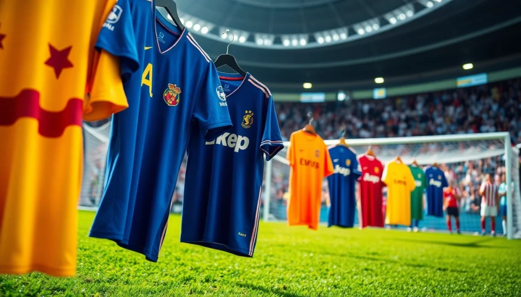 Showcase of cheap football kits on display with vibrant colors and details for soccer fans.