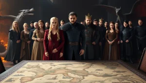 The game of thrones cast displaying their iconic characters in a dramatic, regal setting.