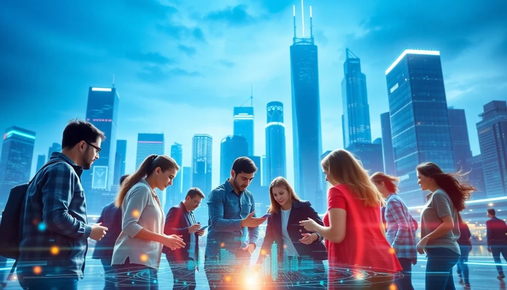 Individuals collaborating around innovative Technology displays in a vibrant futuristic city.