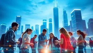 Individuals collaborating around innovative Technology displays in a vibrant futuristic city.