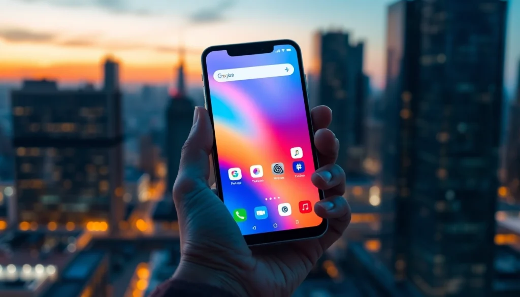 Showcasing a C168 smartphone in a vibrant city setting with illuminated screens.