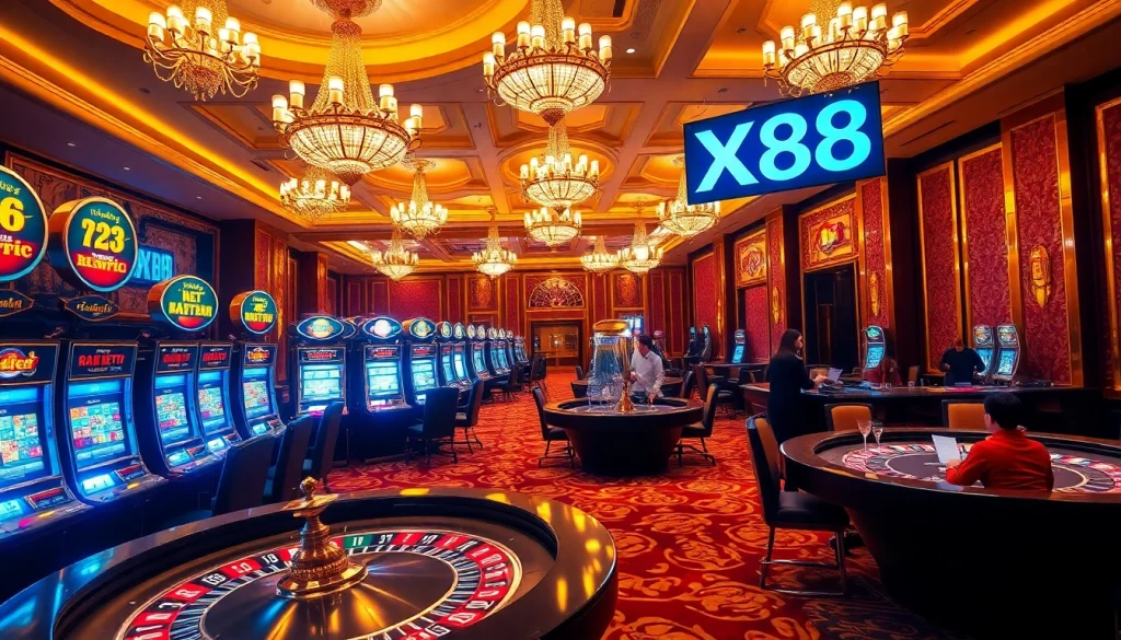 Experience the thrill of winning at XX88 with players enjoying a lively roulette game in a glamorous casino setting.
