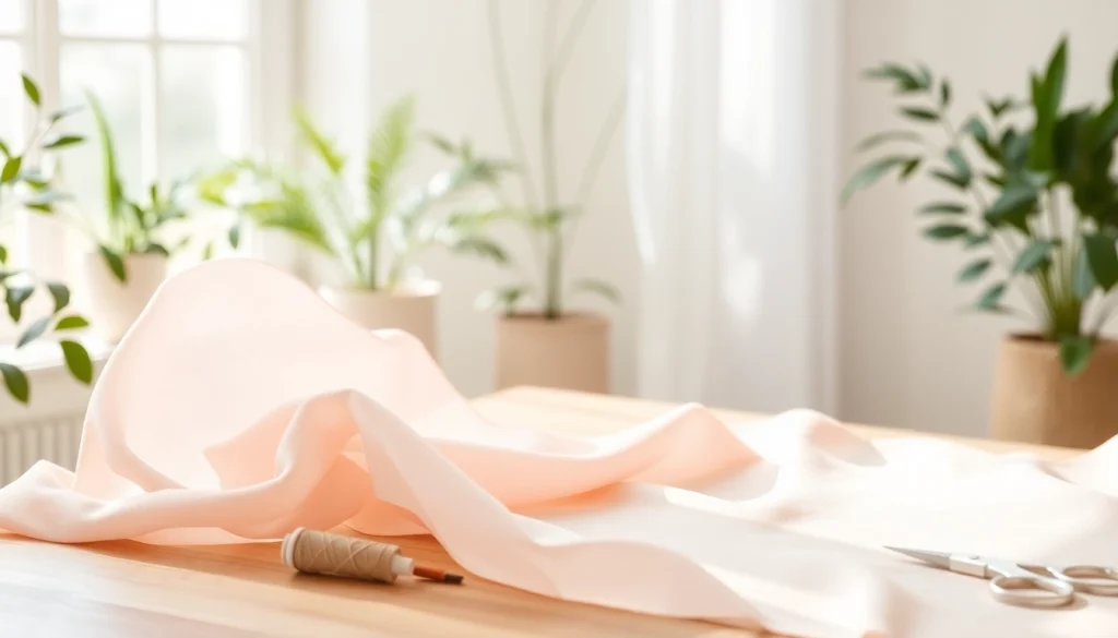 Mousseline stof met elegante plooien op een houten tafel in een zonovergoten kamer