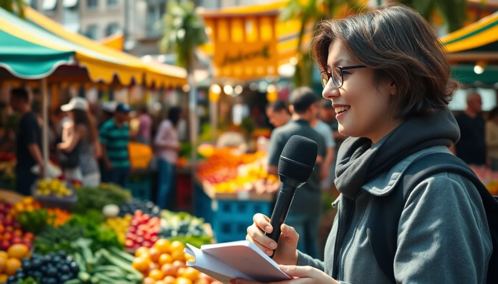 Interviewing sustainability stories at Unsustainable Magazine with vibrant farmer market backdrop.
