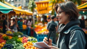 Interviewing sustainability stories at Unsustainable Magazine with vibrant farmer market backdrop.