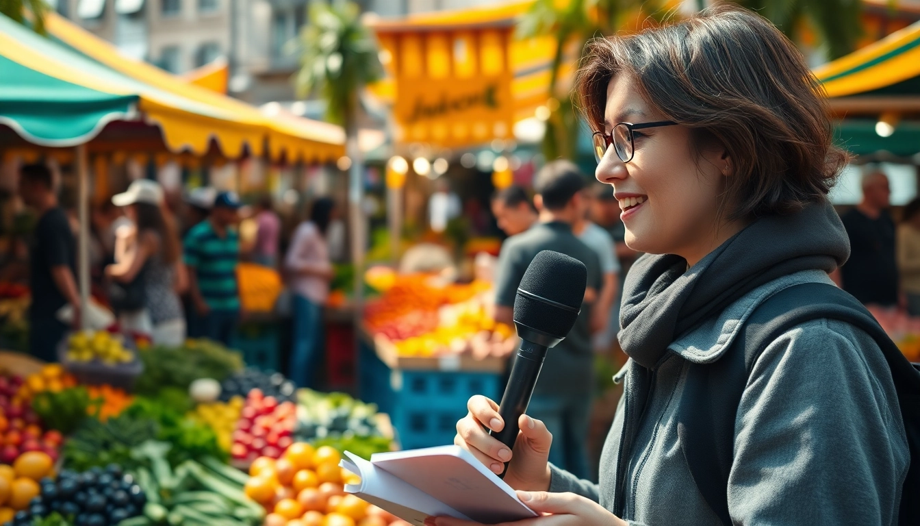 Interviewing sustainability stories at Unsustainable Magazine with vibrant farmer market backdrop.