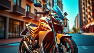 Motorrad leasing in einem urbanen Setting mit modernem Motorrad und dynamischer Beleuchtung.