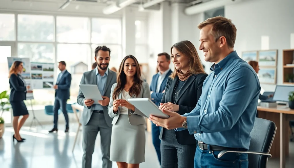 Engaging real estate agents assisting clients in a professional office environment.