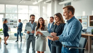 Engaging real estate agents assisting clients in a professional office environment.