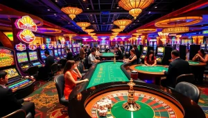 Casino gaming scene featuring KJC brand elements, showcasing vibrant tables and exciting players.