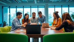 Engaging professionals discussing new hire jobs in a bright, collaborative office environment.