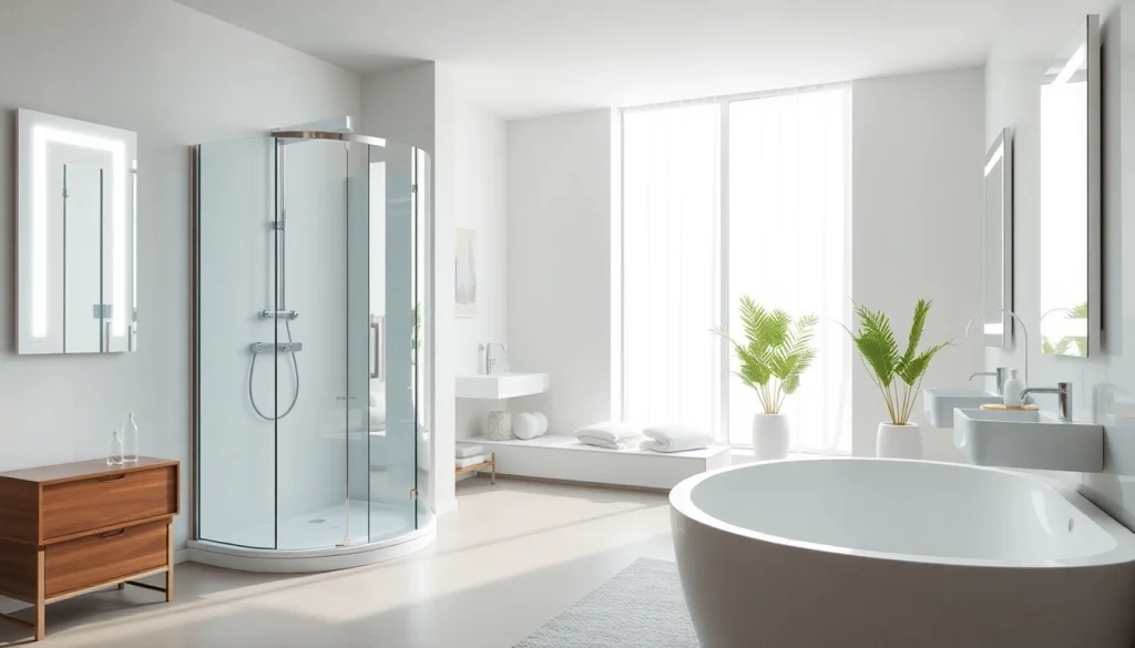 Aménagez votre salle de bain avec sirhona, incluant des cabines de douche élégantes et des miroirs LED.