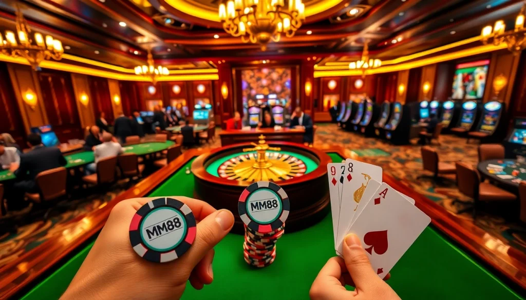 Experience the thrill of gaming with MM88 chips amidst an exciting casino atmosphere featuring roulette and poker.