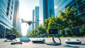 Showcase of innovative Technology tools in a vibrant urban setting with futuristic devices.