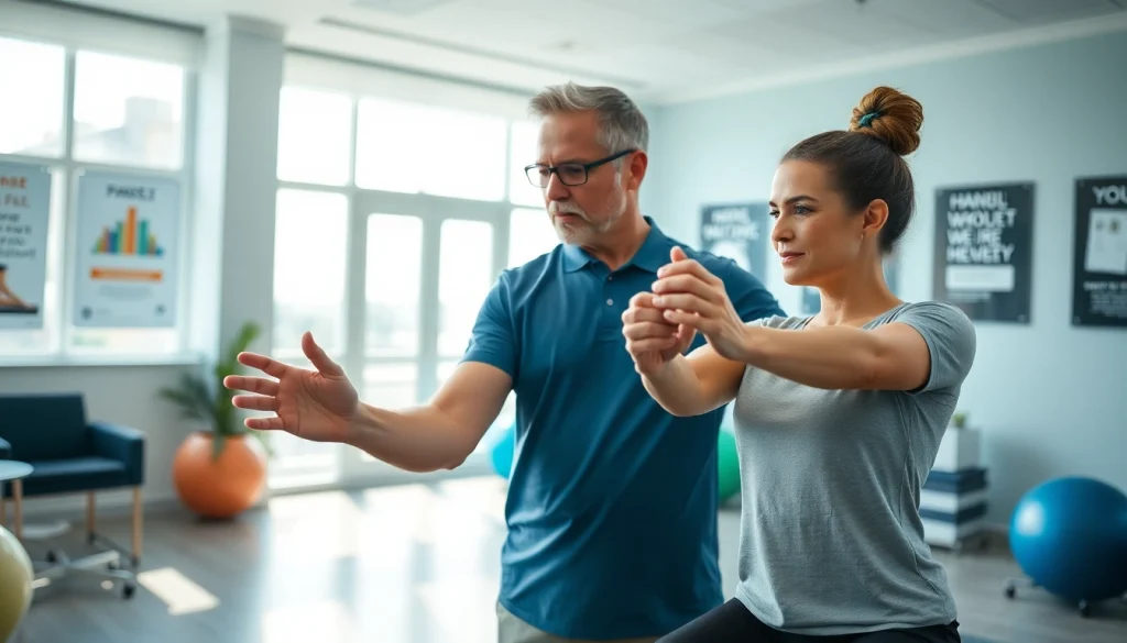 Health in Motion Rehabilitation therapy session with a physical therapist guiding a patient through exercises, emphasizing support and recovery.