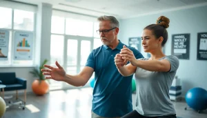 Health in Motion Rehabilitation therapy session with a physical therapist guiding a patient through exercises, emphasizing support and recovery.